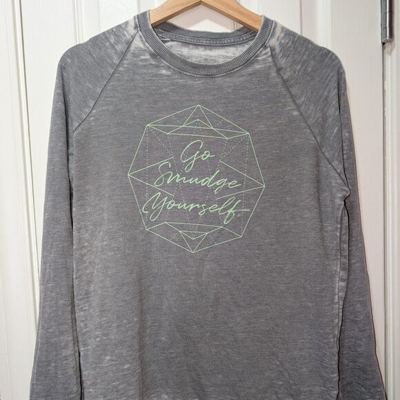 Women's Grey Crew Neck Distressed Sweatshirt "Go Smudge Yourself" in Green - Picture 1 of 6